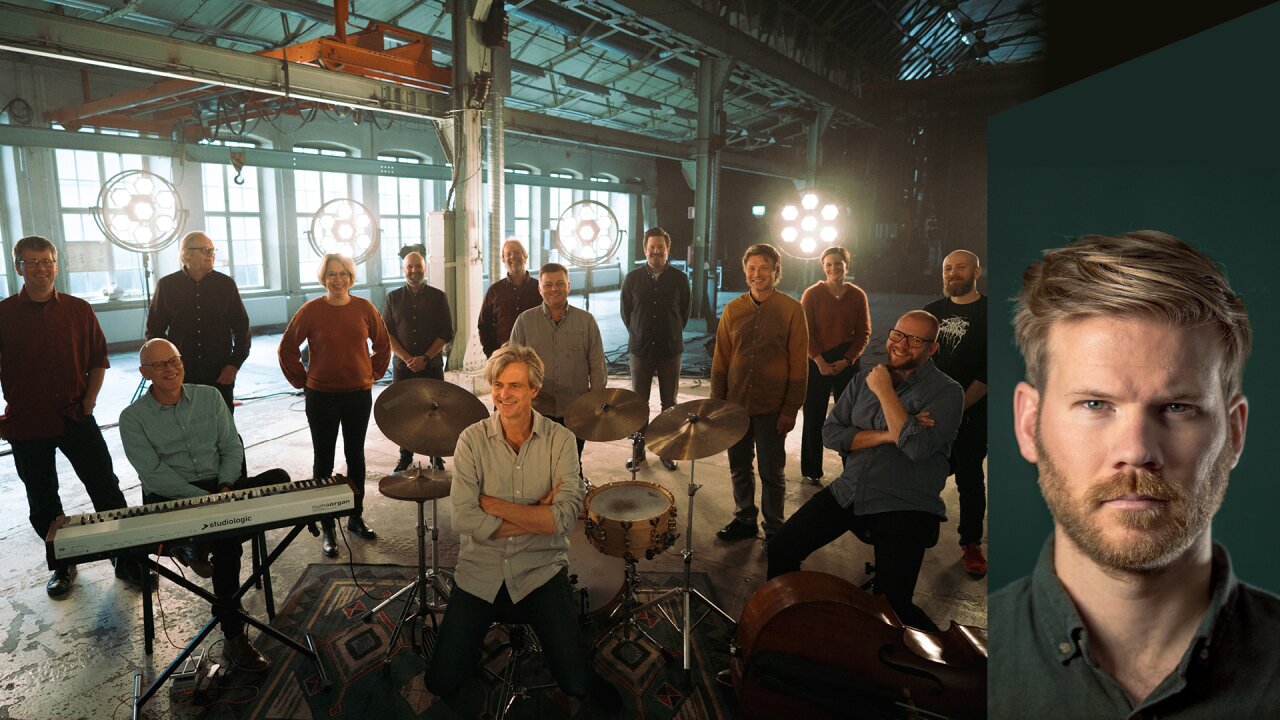 Collage: Til vesntre, gruppebilde av hele Scheen jazzorkester i en gammel fabrikkbygning. Til høyre, portrett av André Roligheten.